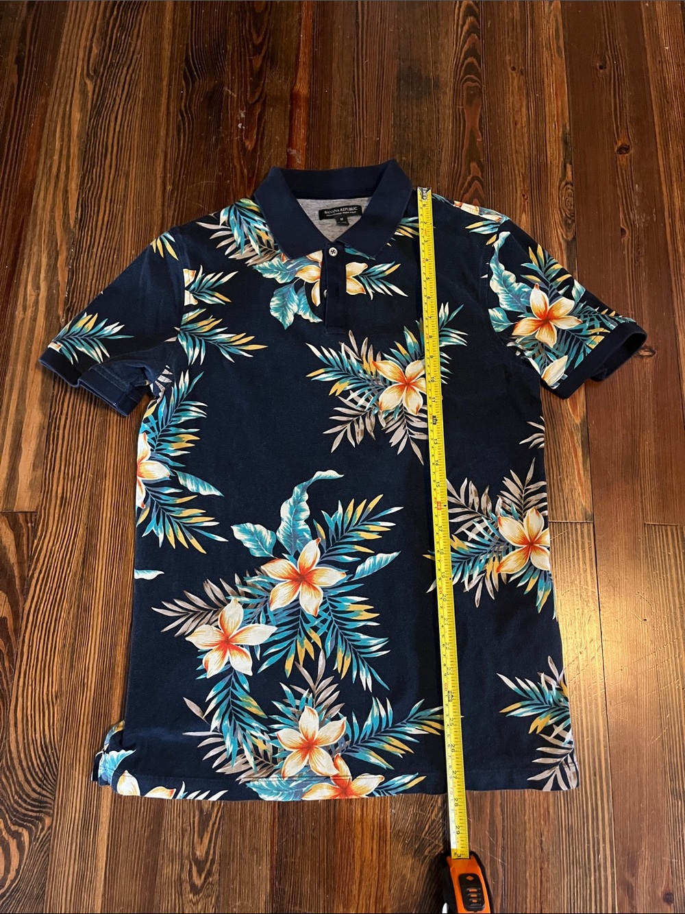 Banana Republic Navy Floral Polo with Teal & Yellow Accents
